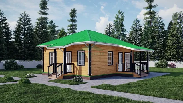 ДБ26 Проект одноэтажного дома из бруса 7,5х9 м, ракурс 1 из 4