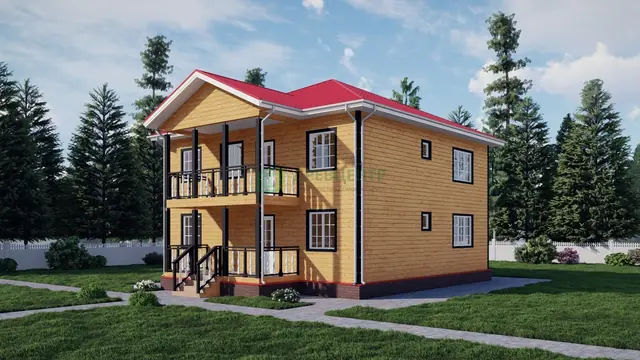 ДБ73 Проект двухэтажного дома из бруса 10х10 м, ракурс 1 из 4